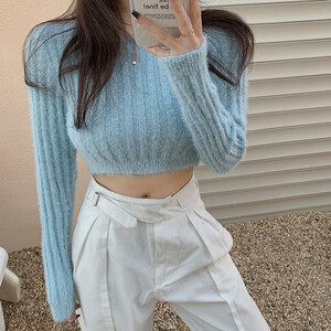 Sieviešu trikotāžas džemperi vienkrāsaini, saldi sieviešu džemperi ar garām piedurknēm, džemperis ar apkakli un džemperi Apgriezti topi rudens jaunums