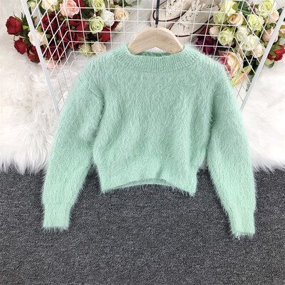 Sieviešu trikotāžas džemperi vienkrāsaini, saldi sieviešu džemperi ar garām piedurknēm, džemperis ar apkakli un džemperi Apgriezti topi rudens jaunums