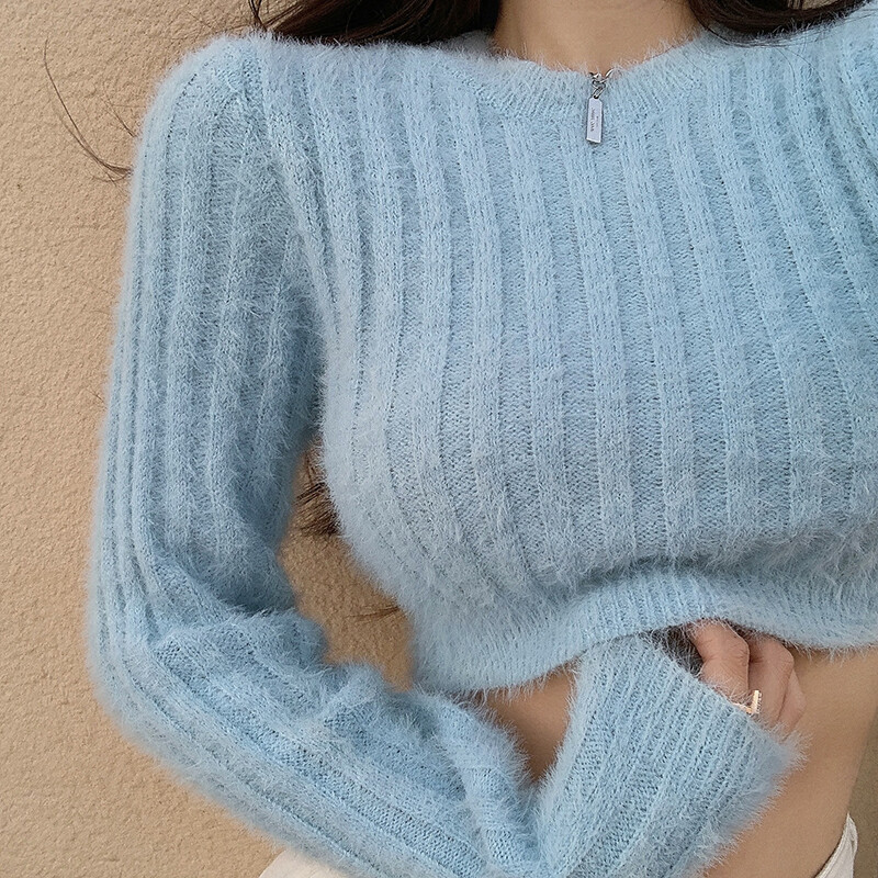 Sieviešu trikotāžas džemperi vienkrāsaini, saldi sieviešu džemperi ar garām piedurknēm, džemperis ar apkakli un džemperi Apgriezti topi rudens jaunums