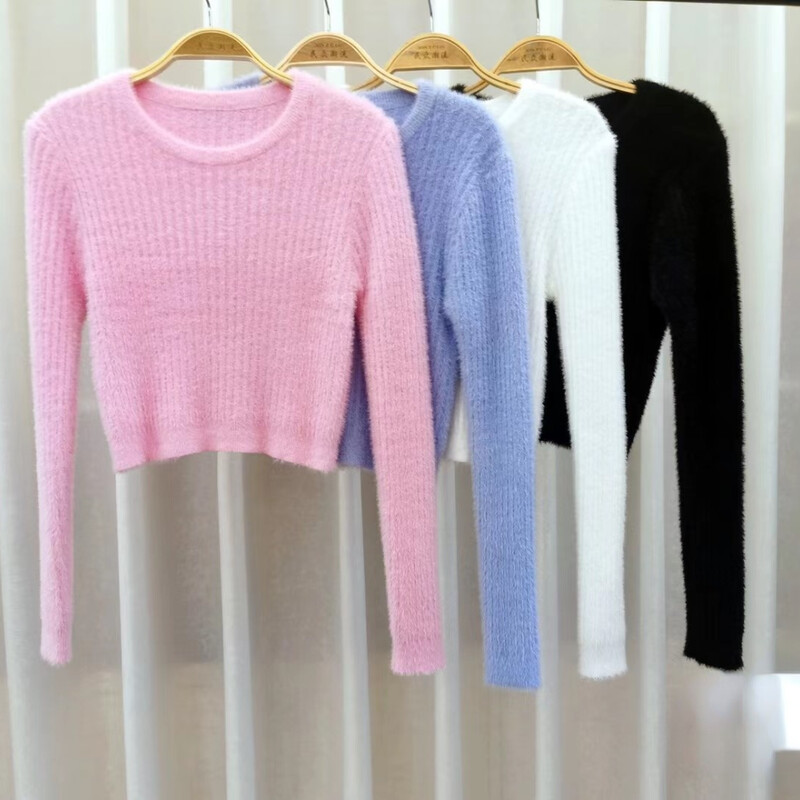 Sieviešu trikotāžas džemperi vienkrāsaini, saldi sieviešu džemperi ar garām piedurknēm, džemperis ar apkakli un džemperi Apgriezti topi rudens jaunums