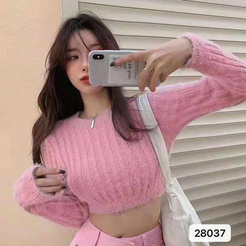 Sieviešu trikotāžas džemperi vienkrāsaini, saldi sieviešu džemperi ar garām piedurknēm, džemperis ar apkakli un džemperi Apgriezti topi rudens jaunums