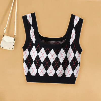 Kampsun Vest Naiste Noored Sweet Cropped All Match Street Wear Rannarõivad Disain Kootud Kevadmood Ulzzang Mujer Argyle Ins
