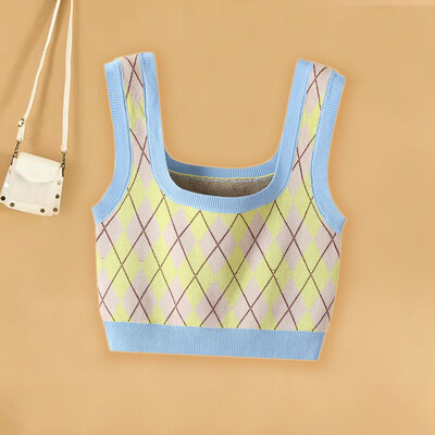 Kampsun Vest Naiste Noored Sweet Cropped All Match Street Wear Rannarõivad Disain Kootud Kevadmood Ulzzang Mujer Argyle Ins