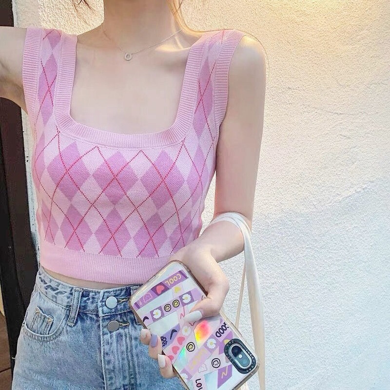 Pulover Vest Žene Mlade Slatko Ošišana Ulična odjeća Dizajn odjeće za plažu Pletena proljetna moda Ulzzang Mujer Argyle Ins