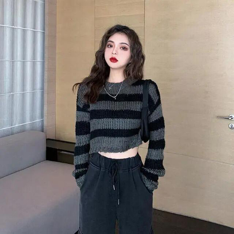 Pulover crop pentru femei cu dungi Y2K, dulci, largi, tricotate, pentru femei, ocazional, vintage, noi, cu gâtul în formă de O, pulovere pentru damă, Topuri