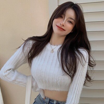 Ženska skraćena majica, mekana topla krznena pulover, jednobojni pulover s O-izrezom, dugih rukava, ležerna plitka majica, uski pleteni pulover