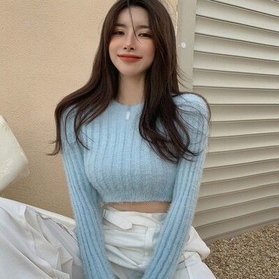 Ženska skraćena majica, mekana topla krznena pulover, jednobojni pulover s O-izrezom, dugih rukava, ležerna plitka majica, uski pleteni pulover