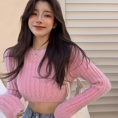 Ženska skraćena majica, mekana topla krznena pulover, jednobojni pulover s O-izrezom, dugih rukava, ležerna plitka majica, uski pleteni pulover