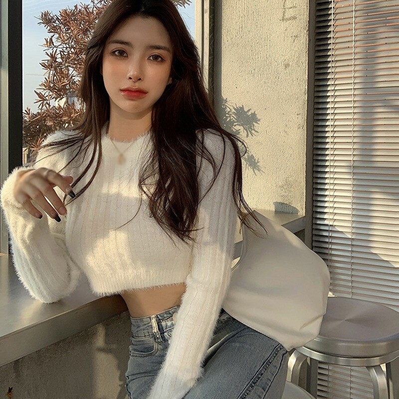 Ženska skraćena majica, mekana topla krznena pulover, jednobojni pulover s O-izrezom, dugih rukava, ležerna plitka majica, uski pleteni pulover