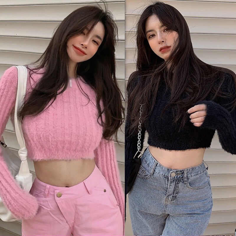 Ženska skraćena majica, mekana topla krznena pulover, jednobojni pulover s O-izrezom, dugih rukava, ležerna plitka majica, uski pleteni pulover