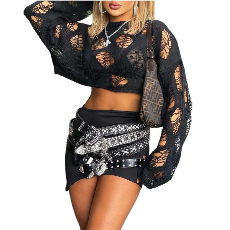 Πλεκτή μπλούζα διάτρητη μακρυμάνικη αντηλιακή μπλούζα γοτθικό σκούρο μαύρο σέξι λεπτό πουλόβερ Γυναικεία καλοκαιρινά κομψά μπλουζάκια