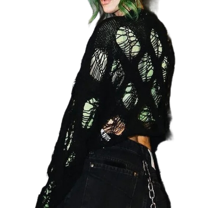 Πλεκτή μπλούζα διάτρητη μακρυμάνικη αντηλιακή μπλούζα γοτθικό σκούρο μαύρο σέξι λεπτό πουλόβερ Γυναικεία καλοκαιρινά κομψά μπλουζάκια