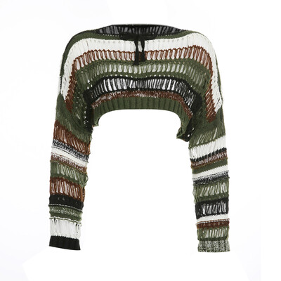 Y2K Sieviešu tamborēti plecu džemperi Džemperis Crop Top Patchwork Crewneck ar garām piedurknēm dobi grunge topi Vintage ielas apģērbs