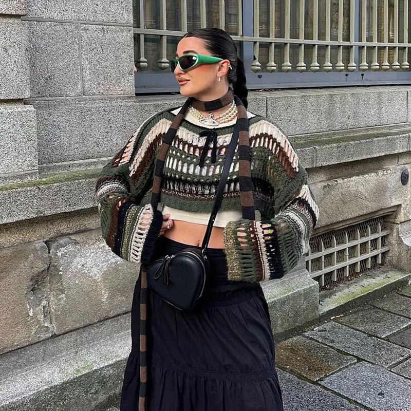 Y2K Sieviešu tamborēti plecu džemperi Džemperis Crop Top Patchwork Crewneck ar garām piedurknēm dobi grunge topi Vintage ielas apģērbs