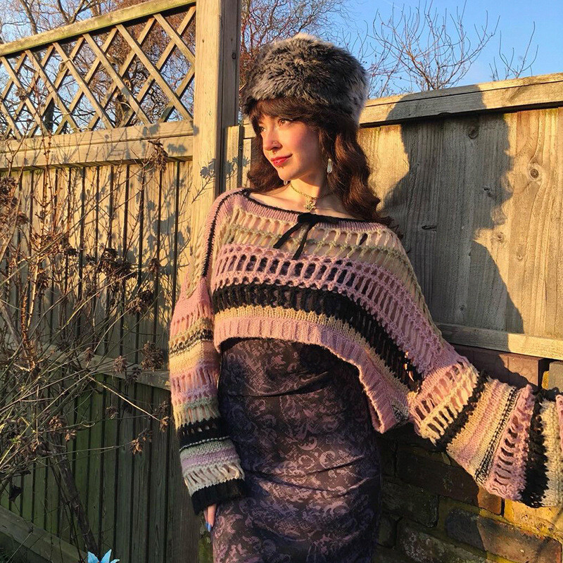 Y2K Sieviešu tamborēti plecu džemperi Džemperis Crop Top Patchwork Crewneck ar garām piedurknēm dobi grunge topi Vintage ielas apģērbs