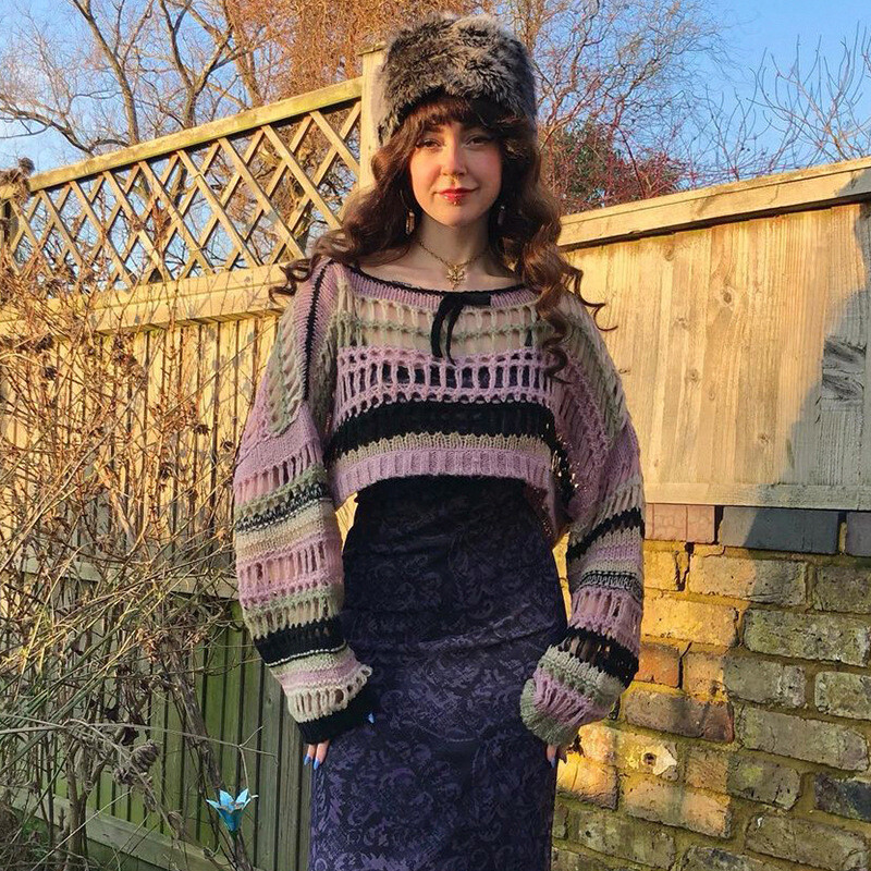 Y2K Sieviešu tamborēti plecu džemperi Džemperis Crop Top Patchwork Crewneck ar garām piedurknēm dobi grunge topi Vintage ielas apģērbs