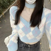 Jesen Zima Korejski stil Nježni Argyll plišani pleteni gornji dio s V-izrezom Ženski sitni, slatki, skraćeni pulover Trendy