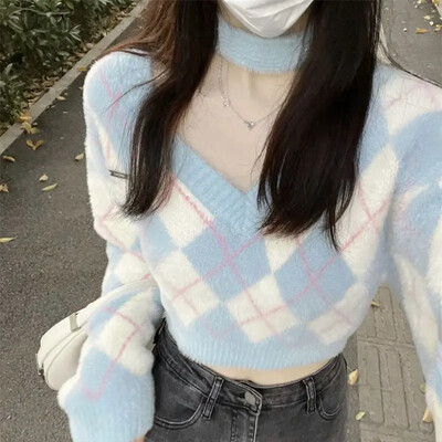 Jesen Zima Korejski stil Nježni Argyll plišani pleteni gornji dio s V-izrezom Ženski sitni, slatki, skraćeni pulover Trendy