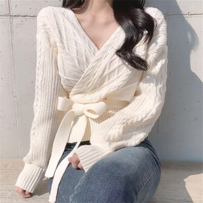 Ulična odjeća Skraćeni bandažni pulover Ženski s V izrezom Pleteni puloveri s križnim vezanjem Korejski elegantno usko pletivo Ležerna moda Novo