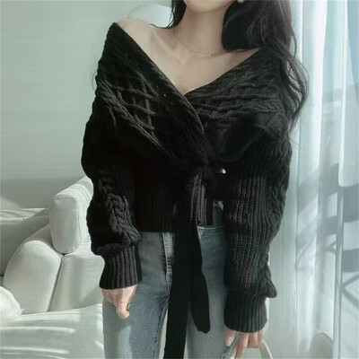 Ulična odjeća Skraćeni bandažni pulover Ženski s V izrezom Pleteni puloveri s križnim vezanjem Korejski elegantno usko pletivo Ležerna moda Novo