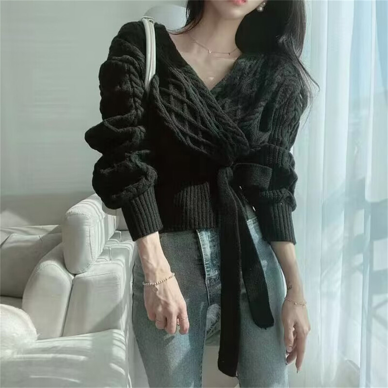 Ulična odjeća Skraćeni bandažni pulover Ženski s V izrezom Pleteni puloveri s križnim vezanjem Korejski elegantno usko pletivo Ležerna moda Novo