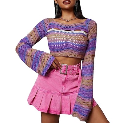 Crop top tricot cu mânecă lungă Y2k pentru femei, lejer, croșetat, decupat, pulover Topuri, cu gât pătrat, tricouri de toamnă, tricouri Dropship