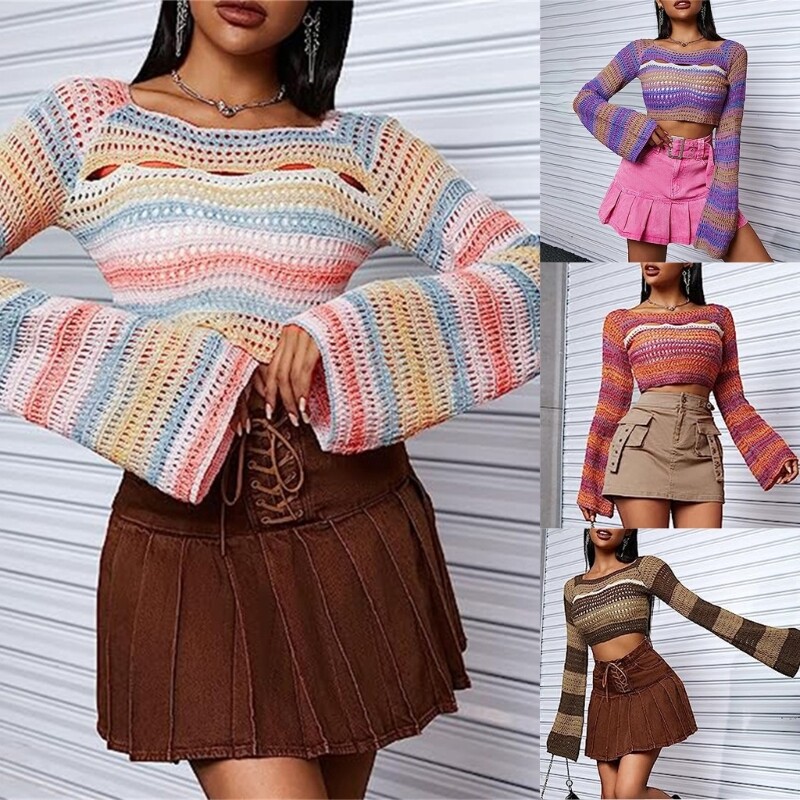 Crop top tricot cu mânecă lungă Y2k pentru femei, lejer, croșetat, decupat, pulover Topuri, cu gât pătrat, tricouri de toamnă, tricouri Dropship