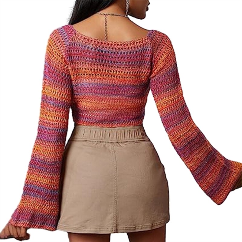 Crop top tricot cu mânecă lungă Y2k pentru femei, lejer, croșetat, decupat, pulover Topuri, cu gât pătrat, tricouri de toamnă, tricouri Dropship