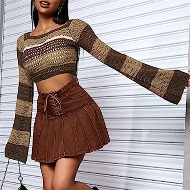 Crop top tricot cu mânecă lungă Y2k pentru femei, lejer, croșetat, decupat, pulover Topuri, cu gât pătrat, tricouri de toamnă, tricouri Dropship