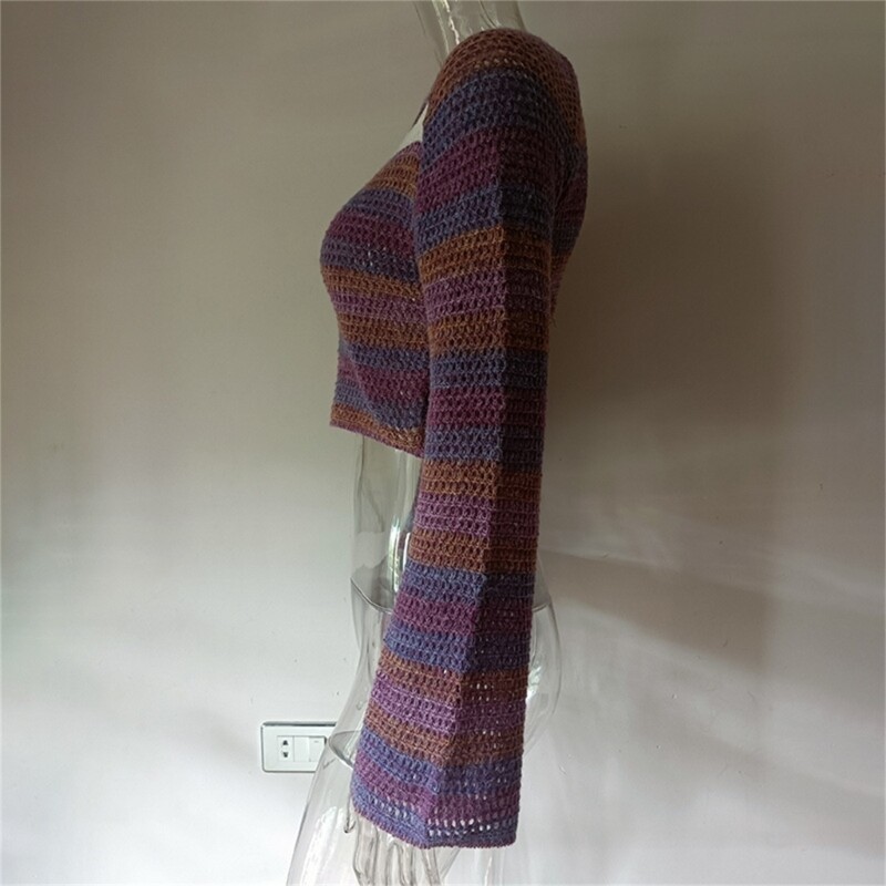 Crop top tricot cu mânecă lungă Y2k pentru femei, lejer, croșetat, decupat, pulover Topuri, cu gât pătrat, tricouri de toamnă, tricouri Dropship
