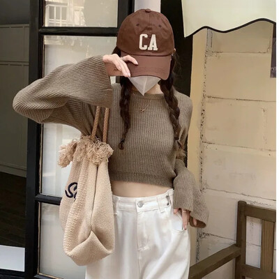 Pletena majica s lepršavim rukavima u francuskom stilu, ženski dizajn za proljeće i jesen Sensibility Pure Desire Skraćeni pulover s dugim rukavima