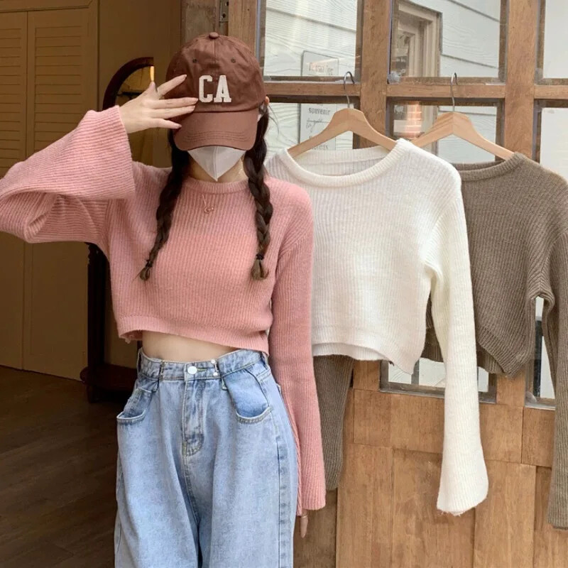 Pletena majica s lepršavim rukavima u francuskom stilu, ženski dizajn za proljeće i jesen Sensibility Pure Desire Skraćeni pulover s dugim rukavima