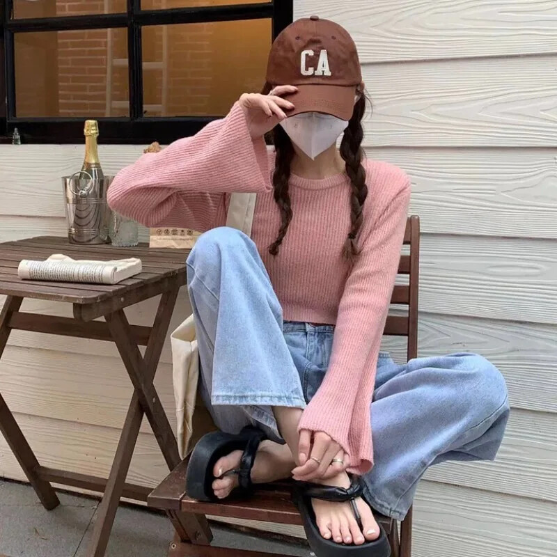 Pletena majica s lepršavim rukavima u francuskom stilu, ženski dizajn za proljeće i jesen Sensibility Pure Desire Skraćeni pulover s dugim rukavima