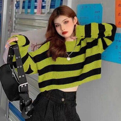 Γυναικείο πουλόβερ Y2K κομμένο σέξι μπλούζες μαύρο λευκό ριγέ πουλόβερ πλεκτό πουλόβερ Γυναικείο κορεάτικο πουλόβερ χονδρικής