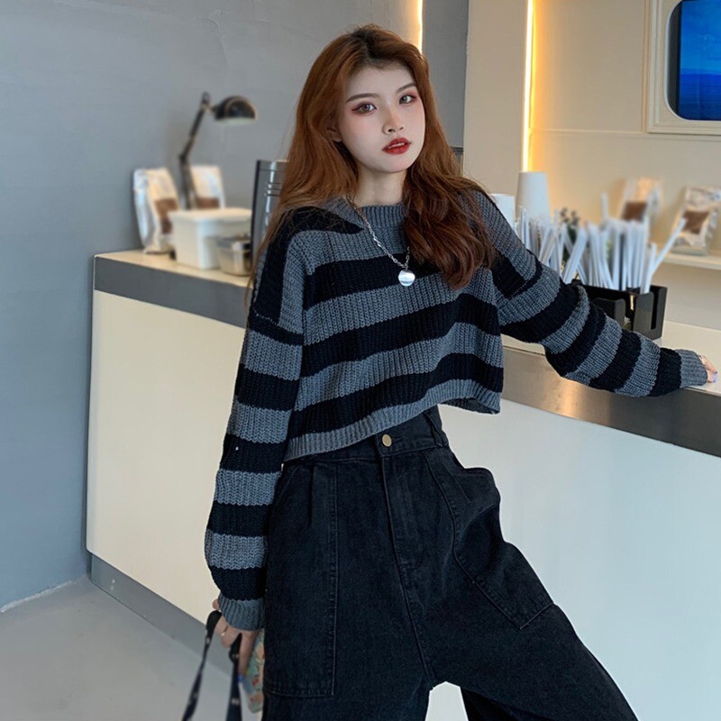 Γυναικείο πουλόβερ Y2K κομμένο σέξι μπλούζες μαύρο λευκό ριγέ πουλόβερ πλεκτό πουλόβερ Γυναικείο κορεάτικο πουλόβερ χονδρικής