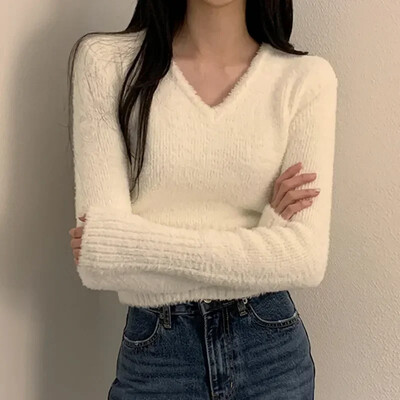 Pikkade varrukatega valge kampsun Naiste sügistalv Pehmed soojad riided Pullover Kampsunid V kaelusega õhukesed kootud Crop Tops Pull Femme