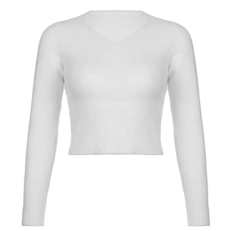 Hosszú ujjú, fehér női pulóver őszi tél puha meleg ruhák pulóverek V nyakú karcsú kötött vágás felsők Pull Femme