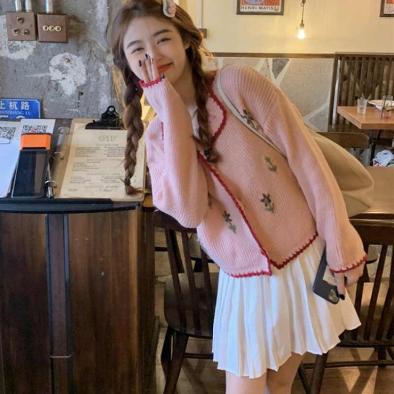 Cardigan femei cu guler răsturnat, broderie șic, pulover decupat, toate se potrivesc, dulci, fete minunate, toamnă, kawaii, la modă, femei