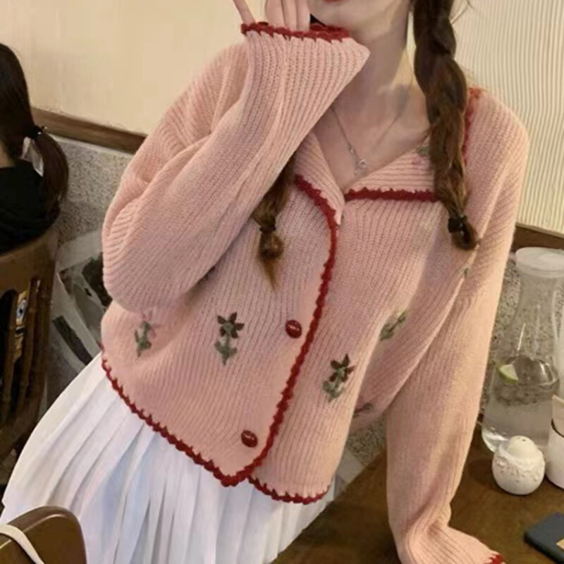 Cardigan femei cu guler răsturnat, broderie șic, pulover decupat, toate se potrivesc, dulci, fete minunate, toamnă, kawaii, la modă, femei