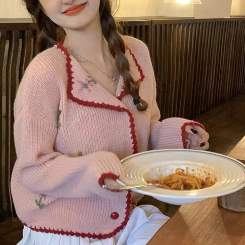 Cardigan femei cu guler răsturnat, broderie șic, pulover decupat, toate se potrivesc, dulci, fete minunate, toamnă, kawaii, la modă, femei