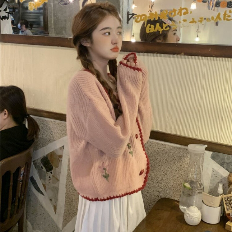 Cardigan femei cu guler răsturnat, broderie șic, pulover decupat, toate se potrivesc, dulci, fete minunate, toamnă, kawaii, la modă, femei