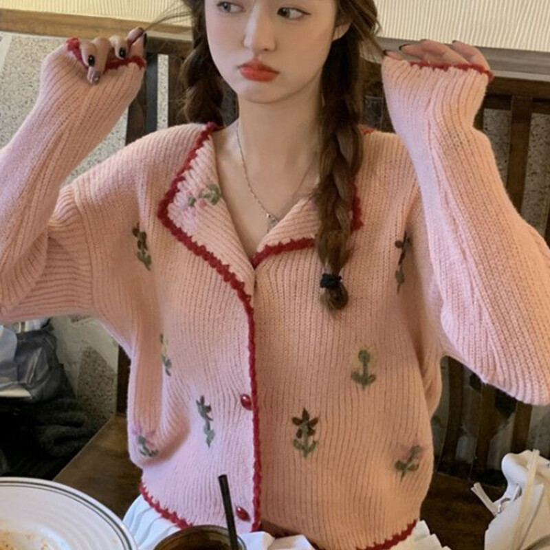 Cardigan femei cu guler răsturnat, broderie șic, pulover decupat, toate se potrivesc, dulci, fete minunate, toamnă, kawaii, la modă, femei