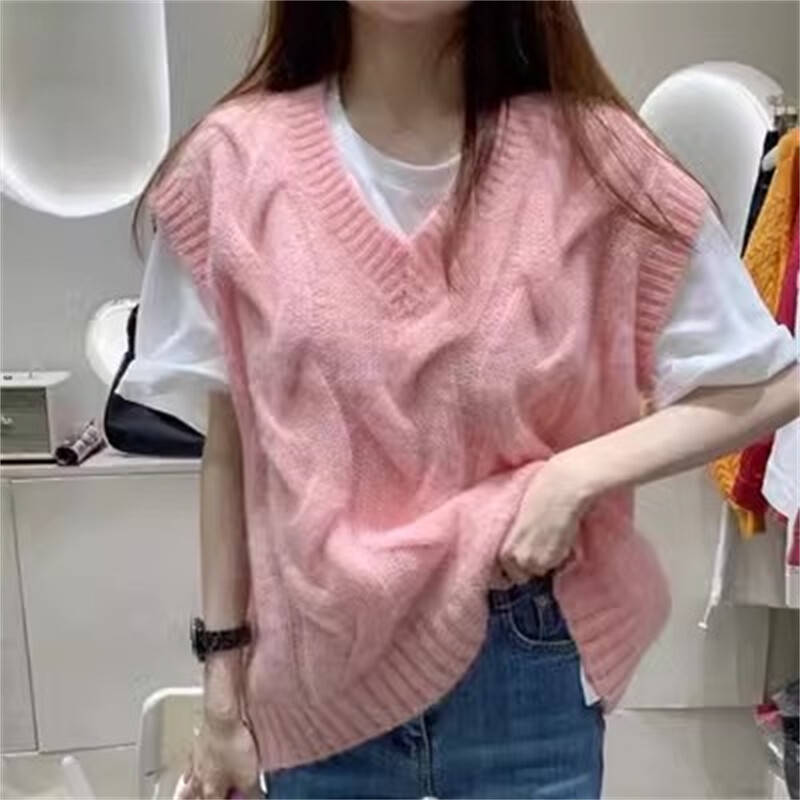 Korejska modna pletena odjeća Ženska vesta s puloverom za sve vrste Žene s V izrezom na vezanje Studentske tinejdžerice Skraćene ulične majice bez rukava