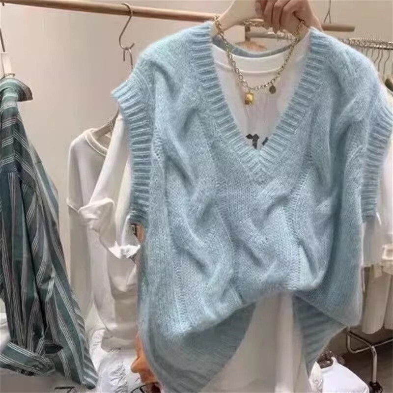 Korejska modna pletena odjeća Ženska vesta s puloverom za sve vrste Žene s V izrezom na vezanje Studentske tinejdžerice Skraćene ulične majice bez rukava