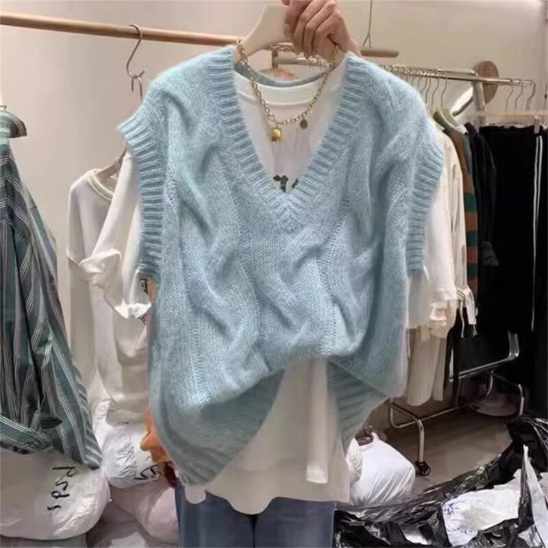 Korejska modna pletena odjeća Ženska vesta s puloverom za sve vrste Žene s V izrezom na vezanje Studentske tinejdžerice Skraćene ulične majice bez rukava