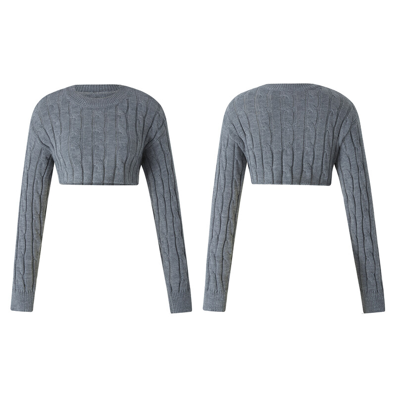 Y2k pleteni pulover Skraćene majice Ženski dugi rukavi s okruglim izrezom Ležerni pleteni puloveri Vanjska odjeća Ulična odjeća