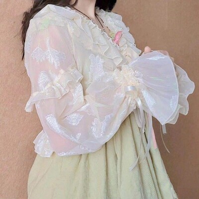 Kardigan s naborima Ženski skraćeni estetski krem za sunčanje Nježna slatka djevojka Fairycore Popularni puf rukavi Nježni tanki ljetni Lolita stil