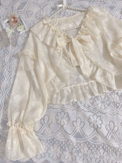 Kardigan s naborima Ženski skraćeni estetski krem za sunčanje Nježna slatka djevojka Fairycore Popularni puf rukavi Nježni tanki ljetni Lolita stil