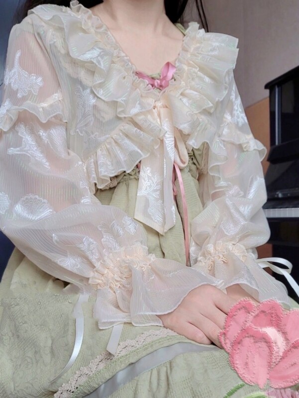 Kardigan s naborima Ženski skraćeni estetski krem za sunčanje Nježna slatka djevojka Fairycore Popularni puf rukavi Nježni tanki ljetni Lolita stil