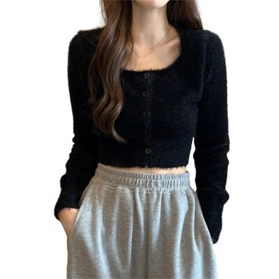 Női, hosszú ujjú, szexi négyszögletes nyakú, szőrös kötött, vágott kardigán, egysoros, alkalmi testreszabott pulóver Crop felső